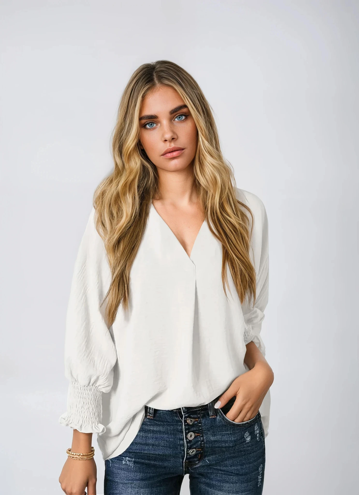 Smocked Cuff Crinkle Blouse